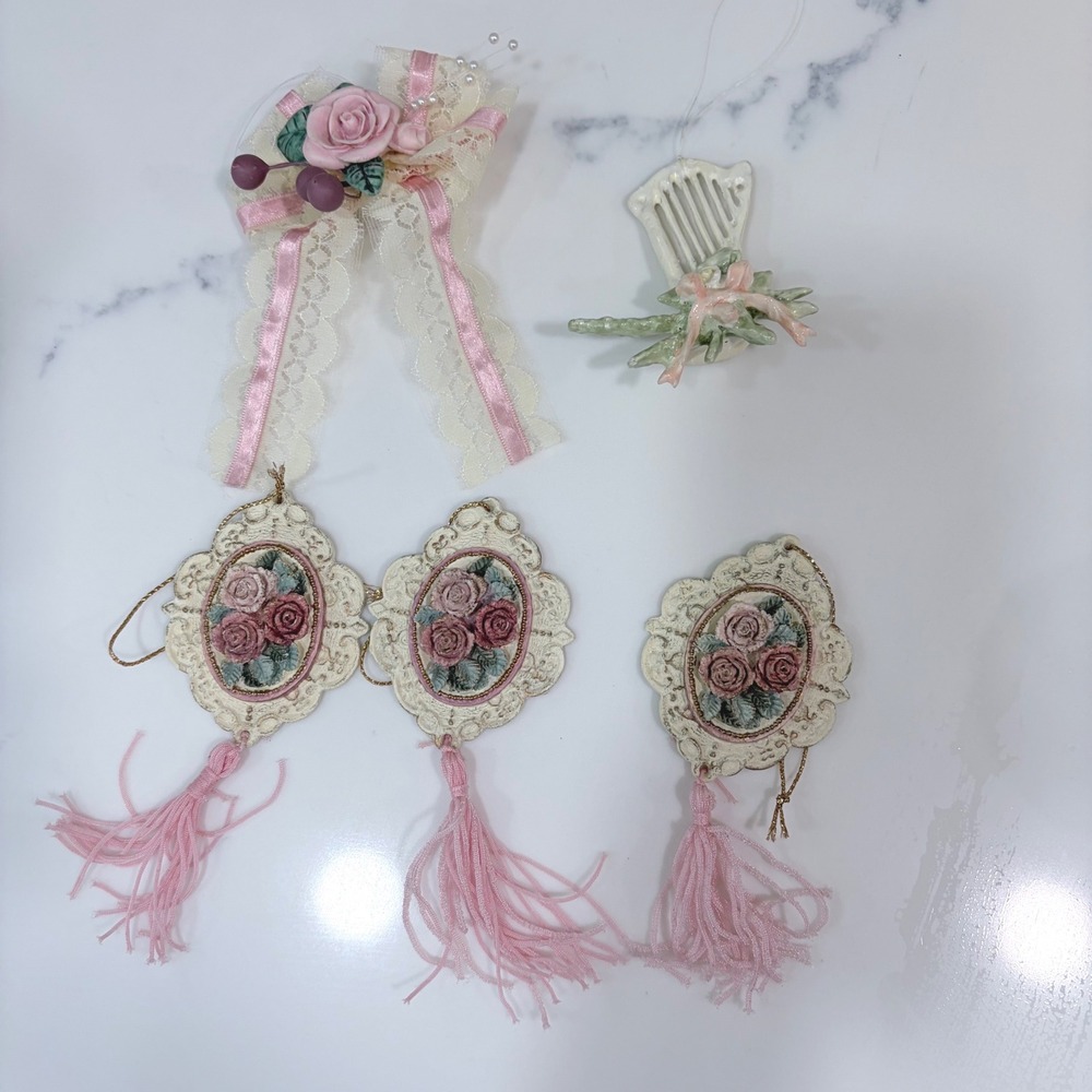 Vintage Shabby Chic Floral Ornament Set Pink Rose Cameo Tassel Lace Bow Harp 5pc